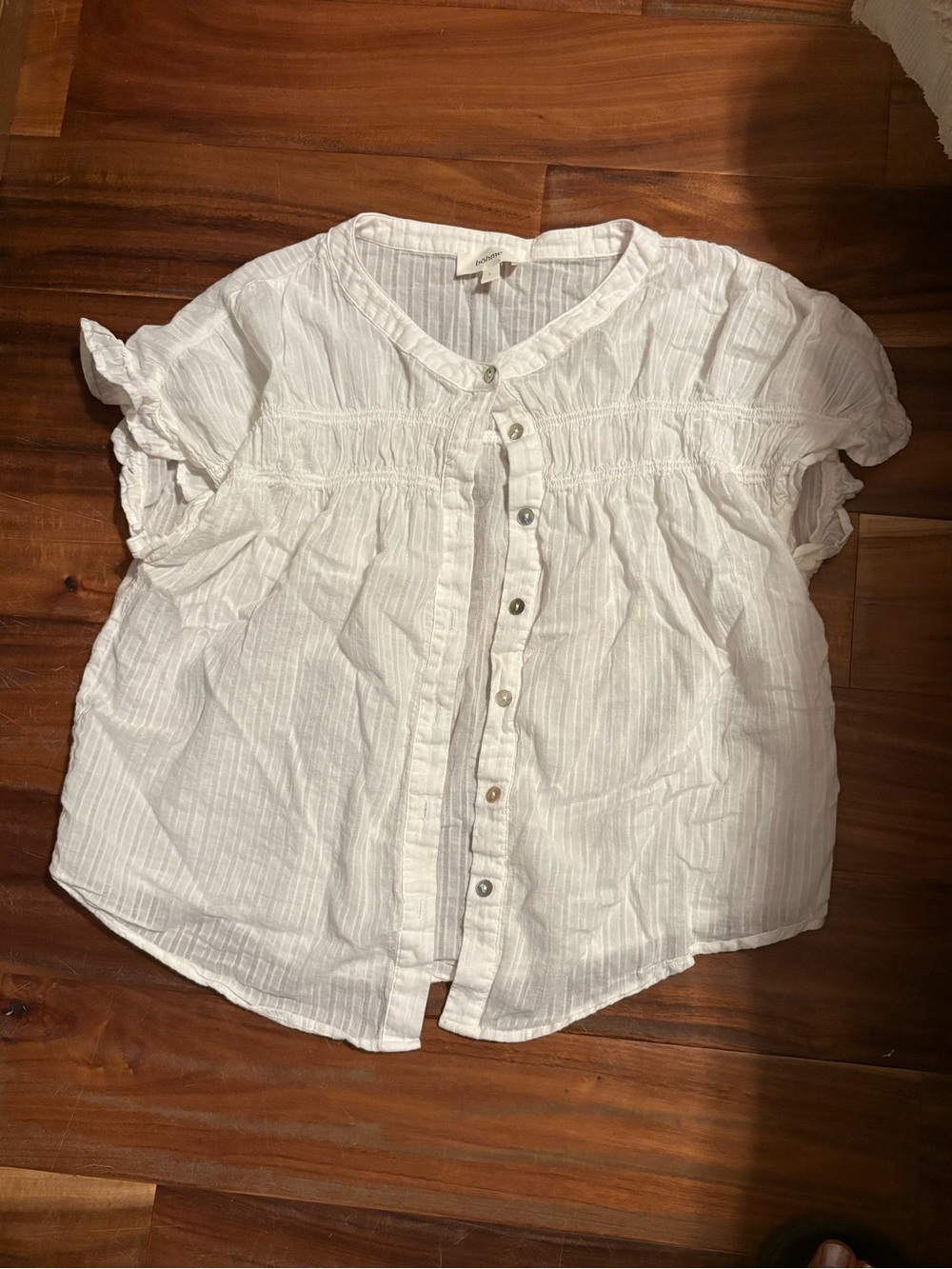 Bohme White Textured Cotton Smocked Button Blouse Large Ruffle Sleeve Boho (791)